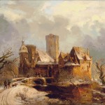 Goblen - Peisaj de iarna cu castel si vanatori