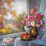 Goblen - Flori de toamna la fereastra