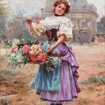 Goblen - Fata cu buchet de flori