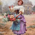 Goblen - Fata cu buchet de flori