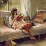 Goblen - Fetiţa şi căţelul citind o carte
